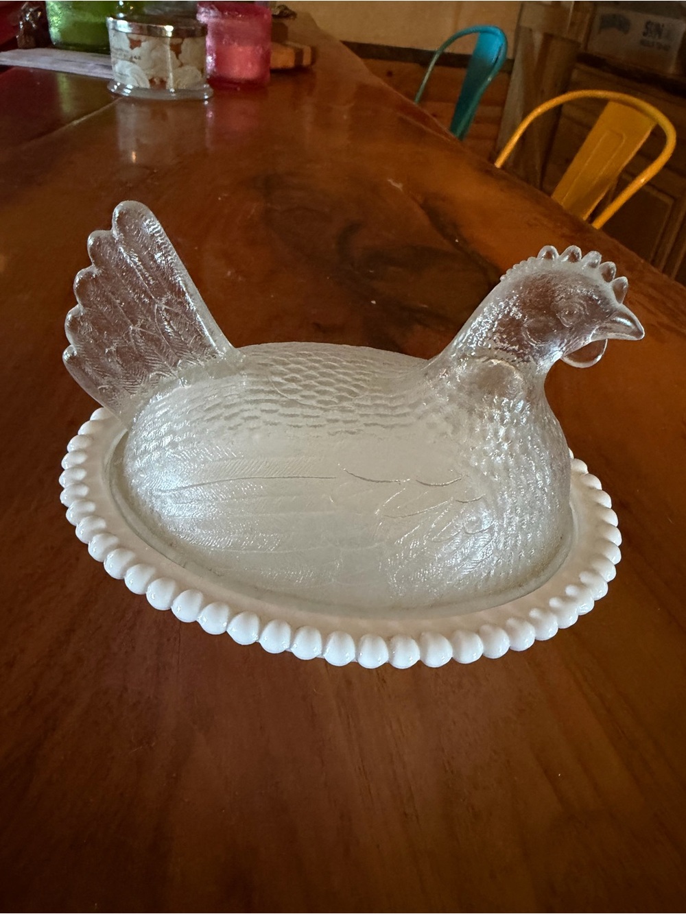 Marriage Clear top milk Glass base Indiana Hen stippled base  older perfect con